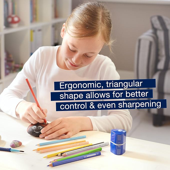 Faber-Castell Grip Trio Manual Pencil Sharpener (Red or Blue) - Graphite, Jumbo and Colored Pencil Sharpener