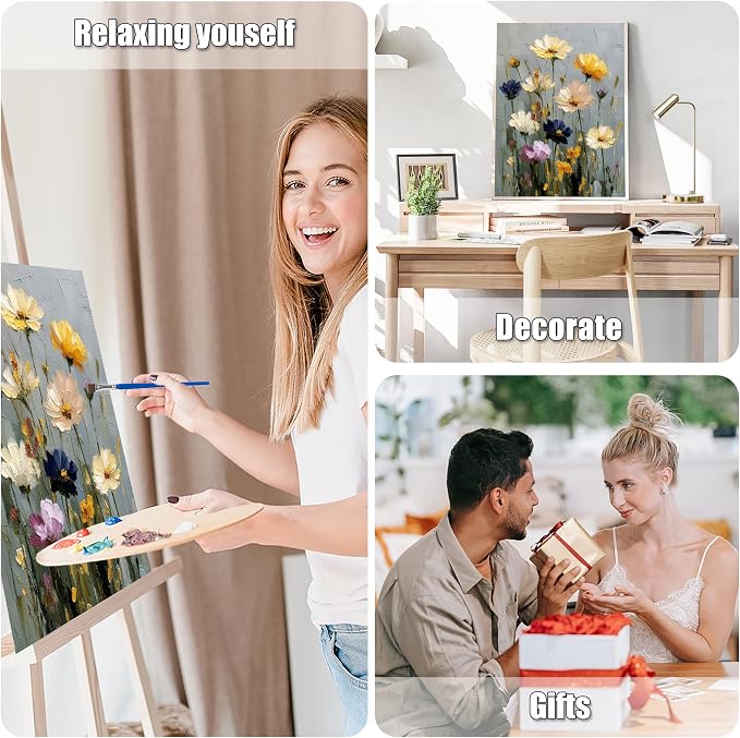 Ausanrl Flowers Framed Paint by Numbers Wooden Easel - Adult Paint by Number Kits on Canvas Framed, Floral Paint by Numbers with Frame,Gifts and Home Wall Decor 12x16inch