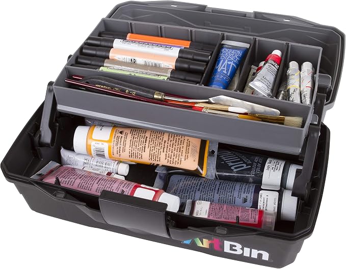 ArtBin 6891AG 1-Tray Art Supply Box, Portable Art & Craft Organizer with Lift-Up Tray, [1] Plastic Storage Case, Gray/Black