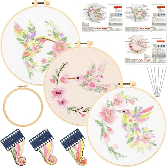 Mindsoft 3 Set Needlepoint Kit for Beginners with Hoop,Flower Hummingbird | Bamboo Hoop Thread Needles Instructions, Easy Hand Embroidery for Beginners Home Crafts,Pre-stamped Funny Cute Designs
