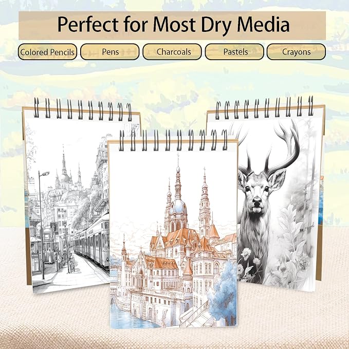 Crehatos 5.5" x 8.5" Small Sketch Book, Top Spiral Bound Sketch Pad, 100 Sheets Each 68lb/100gsm Drawing Paper, 2 Pack | Top Spiral Bound Sketch Pad, 68lb/100gsm Drawing Paper for Dry Media