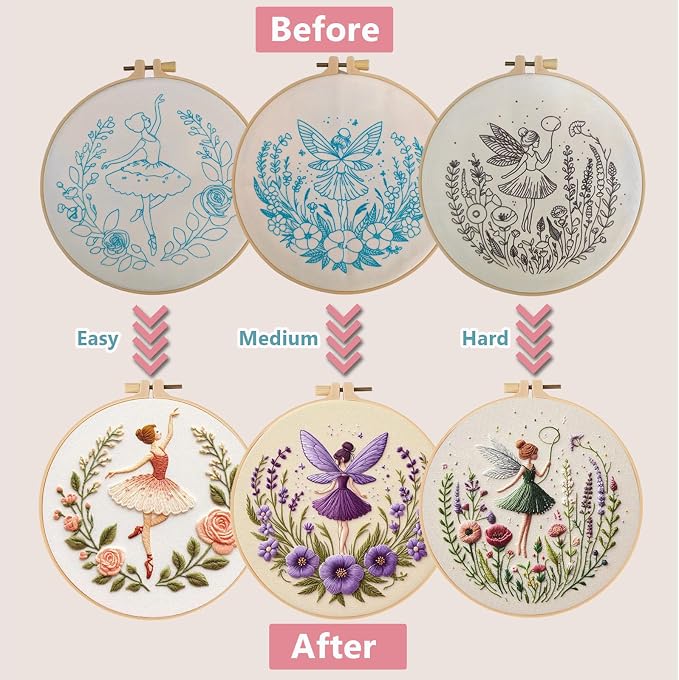 Embroidery Kit for Adults, Pre-Stamped Pattern Embroidery Kit for Beginners, Needlepoint Starter Kit with Hoop Thread Needle Instruction, 7.9'' Hoop (Flower Fairy 3 Packs)