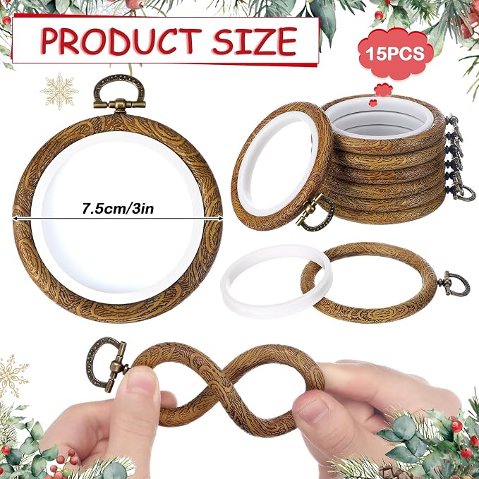 Burbell 15 Pcs 2.4 Inch Round Embroidery Hoops Frame Circle Rubber Hoops Ring Display Cross Stitch Ornament Imitated Wood Frame Kits for Spring Gifts Mother's Day Craft Sewing DIY Hanging Gifts