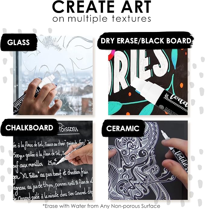 Loddie Doddie Chalk Markers, 1-15mm Tips, Windows & Glass, White, 5 Pack | 1-15mm Tips for Fine Detail & Bold Strokes, Works on Blackboard, Mirror & Whiteboard, White Chalk Pen, Wipes Clean with Water
