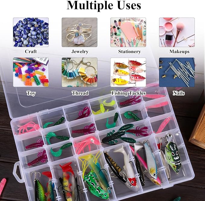 Bead Organizer Storage 8 Pack 36 Grid Jewelry Tackle Craft Box Adjustable | Clear Plastic, Adjustable Dividers, Label Stickers Included, for Beads Jewelry Crafts Fishing Tackle and Small Parts