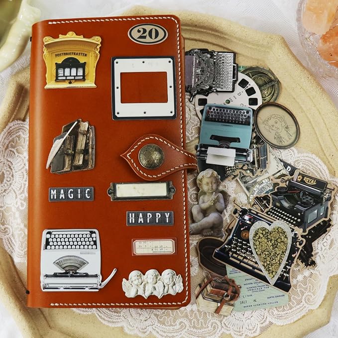 CATaireen Vintage Junk Journal Items Kit Pre Cut Paper Cards Cutout Cardstock Art Aesthetic Decor Hollow Out Craft Elements Small Embellishments Supplies for Adults Scrapbook Pack (Typewriter)