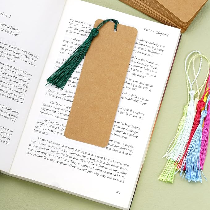 choyaxo 120 Pcs Kraft Paper Blank Bookmarks with 100 Pcs Colorful Tassels Paper Bookmarks for DIY Art Projects, School Supply, Gifts Tags 5.5x2 inch (120)