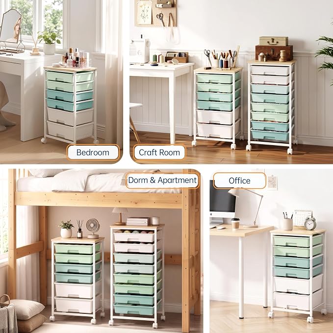 Delamu Rolling Storage Cart with 6 Drawers, Utility Craft Storage Cart | Storage Drawers Cart with Wooden Tabletop and Lockable Casters for Classroom Office Dorm Craft Art Supplie, Green