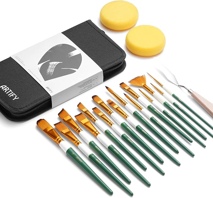 18 Piece Paint Brush Set, ARTIFY 15 Acrylic Paint Brushes, Palette Knife, and 2 Sponges, Professional Artist Paint Brushes for Acrylics, Watercolors, Gouache, Canvas, and Face Painting, Green