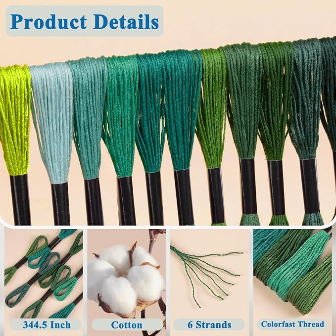 Amrules Friendship Bracelet String, 12 Pcs Embroidery Floss, Green Series | Including 344.5" Cotton Cross Stitch Thread, Hand Embroidery Thread for DIY Sewing and Embroidery Crafts Making