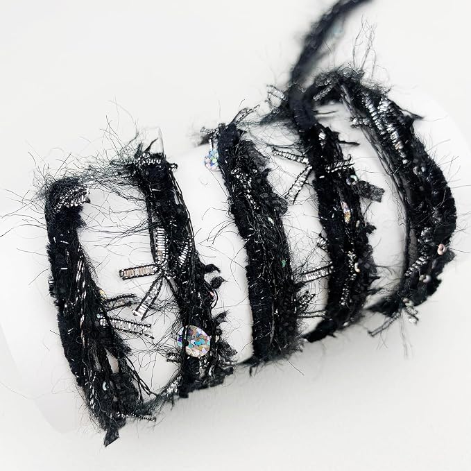 Artisanal Yarn Collection Multifiber Fancy Yarn with Metallic Silver Bow and Laser Sequins for Knitting Crocheting Crafts DIY, Set of 3 Rolls (Black & Silver)