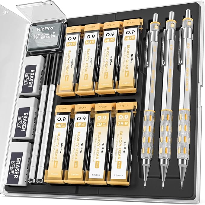 Nicpro Blocky Gear 0.9 mm Mechanical Pencils Set in Case, 3 Pack