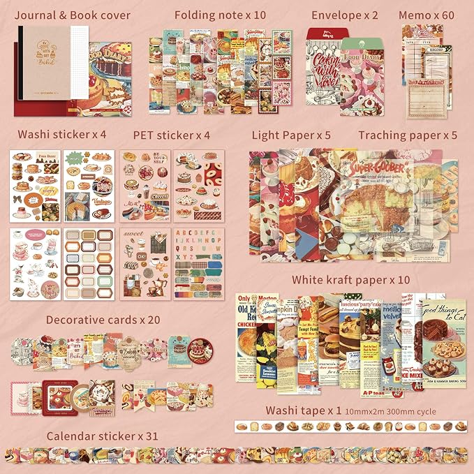 Scrapbooking Supplies Kit, Vintage Culinary Aesthetic Scrapbook Kit for Bullet Junk Journal, Gourmet DIY Journaling Supplies with Recipe, Dessert, Kitchen, Cafe Elements, Unique Gift for Teens & Women