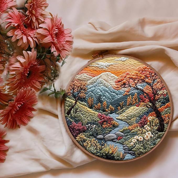 FONNUY Embroidery Kit for Beginners, Boho Nature Landscape Pre-Stamped Pattern Kits for Adults with Hoop, Easy to Follow Color Thread Needlework, 8'' Hoop (Mountain Stream)