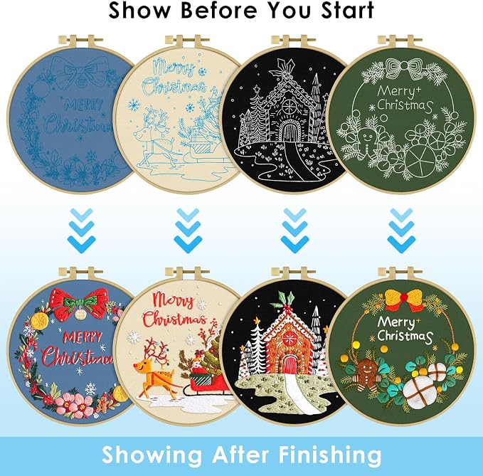 ERKOON 4 Sets Embroidery Kit for Beginners, Christmas Cross Stitch Set with Easy Pattern Embroidery Cloth Hoops Threads for Craft Lover Hand Stitch