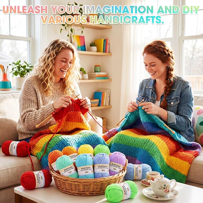 Buryeah Rainbow Series 8 Packs Crochet Yarn Knitting Bundle Beginner Acrylic Thread Fluffy Hand Tube Polyester Yarn Needles Bulky Kit Variety Pack 726 Yards for Weaving Crafts DIY Project Beginner