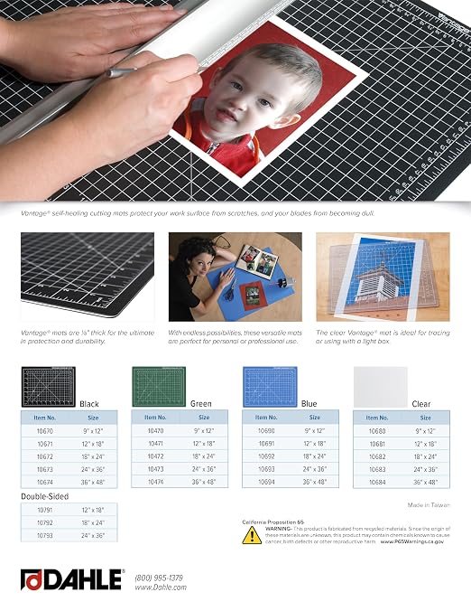 Dahle Vantage 10690 Premium Self-Healing Cutting Mat, 9"x12", 1/2" Grid, 5 Layers for Max Healing, Perfect for Crafts & Sewing, Blue