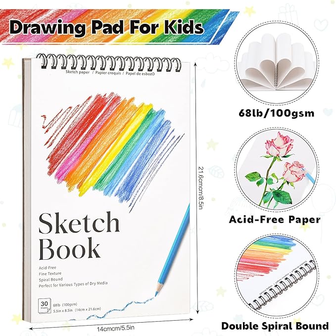 4 Pack Small Sketch Books for Kids, 5.5 × 8.5 in Spiral Bound, 100gsm Paper | Acid-Free 68lb Paper, Spiral Design, for Pencils Charcoal & Crayons, Ideal for Travel Sketching& Back To School Gifts