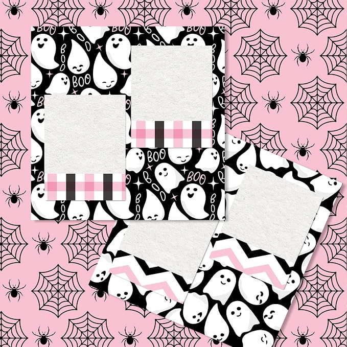 JarThenaAMCS 24 Sheet Halloween Little Boo Pattern Paper Black Pink Ghost Spider Bat Scrapbook Specialty Paper Double Sided Craft Papers for DIY Card Making Photo Album Decor, 6 x 6 Inch