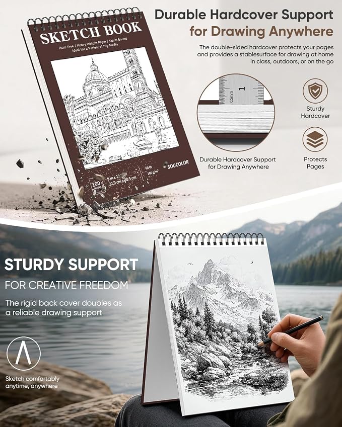 Soucolor 9" x 12" Sketch Book, 100 Sheets Hardcover Art Sketchbook for Kids | Thick Acid-Free Sketch Paper (68lb/100gsm) Artist Drawing Book Paper Painting Sketching Pad for Grandkids Who Love to Draw