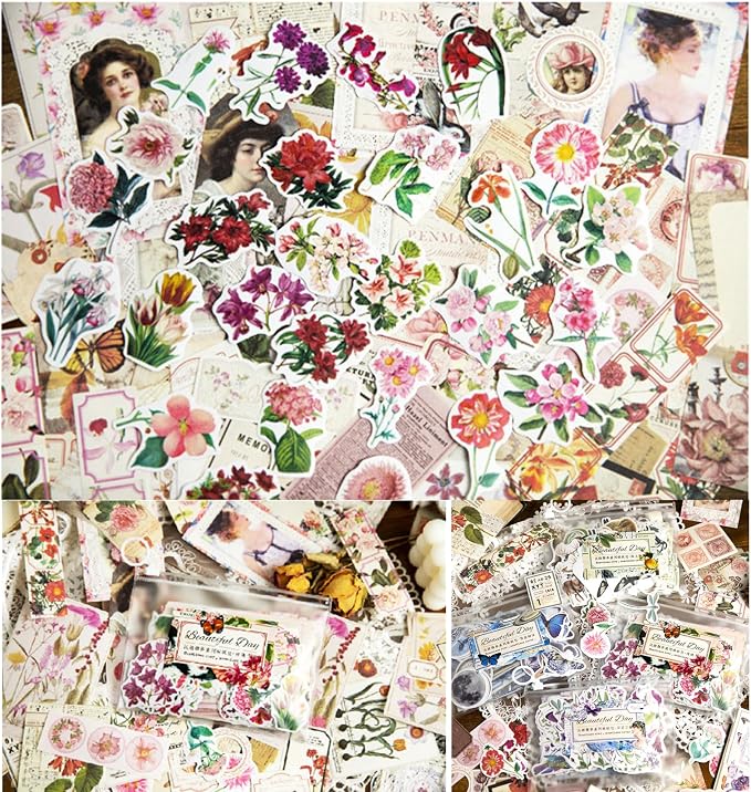 Esweny 200PCS Vintage Scrapbooking Supplies Pack, Aesthetic Scrapbook Sticker Paper Art Journaling Kit for Junk Journals,Planner,Cottagecore Decor Gifts (Pink Series)