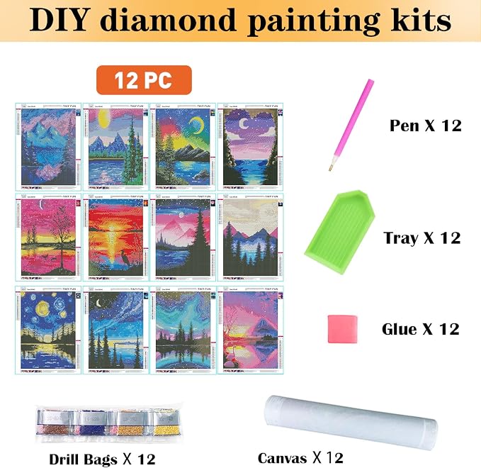 TINY FUN 12 Pack Diamond Painting Kits for Adults 5D Diamond Art Kit Paint by Number for Beginners, DIY Paint with Round Full Drill Diamonds Paintings Gem Art for Home Wall Decor Gift (12X16 Inch