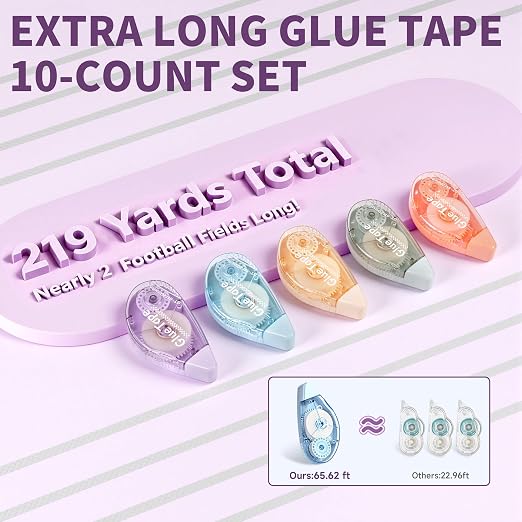 Upgrade 3X Longer Glue Tape, 10-Pack Total 219 Yards, Photo-Safe Acid-Free Double Sided Tape for Crafts, Scrapbook and Junk Journal Supplies (0.31 in × 65.62 ft, Multicolor)