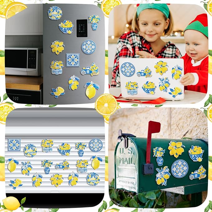 Zonon 12 Pcs Diamond Art Magnets Kit Lemon Mediterranean DIY Blue Yellow | Italian Capri Tiles Lemons Iris, Summer Fridge Decor, Diamond Painting Kit for Kitchen Amalfi Mediterranean Theme