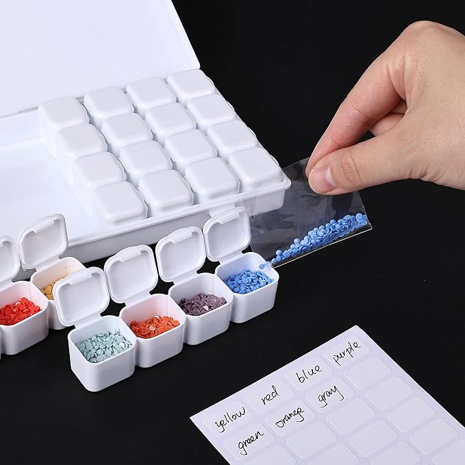 Mr. Pen- Bead Storage Containers, 28 Grids, 2 Pack, White | 160 pcs Label Stickers, Transparent, Small Bead Organizer Box, Diamond Art, Diamond Painting Organizer