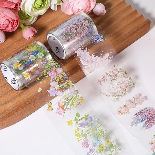 2 Rolls Floral Washi Tape Clear Colorful Vine Flower Tapes Stickers Decorative Tape for Crafts Cute Washi Masking Adhesive Pet Tapes for Journaling Journal Supplies Planners Scrapbook Gift Wrapping