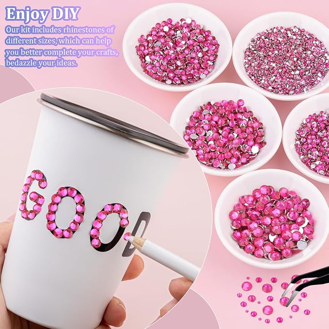 16000Pcs Resin Rhinestones with Tweezers for Crafting, Hot Pink 2-6mm Mixed Sizes Non Hotfix Flatback Gems, Bedazzling Crystal for DIY Crafts Clothing Tumblers Mugs Shoes Fabric Decor Nail Art