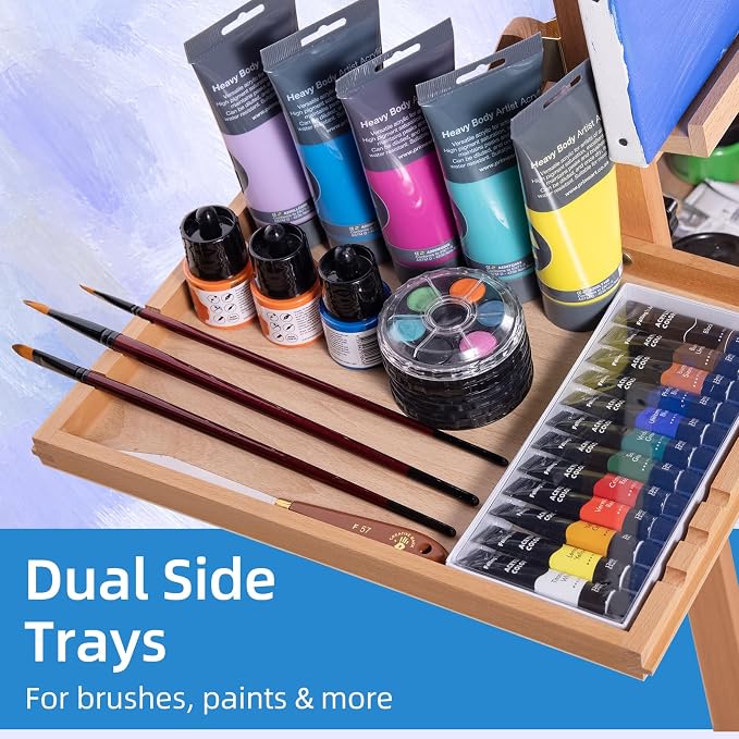 Falling in Art Large Horizontal Wooden Painting Easel, Holds up to 50'' | H-Frame Studio Easel Stand with Storage Drawer and Palettes, Suitable for Adults, Beginners, and Artists