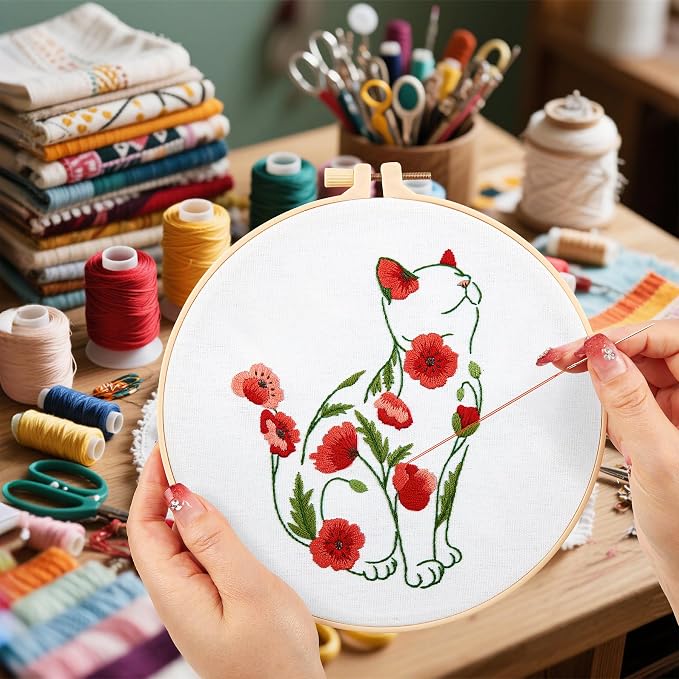 Crafmanoe Cat Embroidery Kits for Beginners Adults, Flowers Embroidery Starter Kits, Counted Cross Stitch Kits for Beginners Adults Hobbies Set for Women, Embroidery Hoops, Thread and Video Tutorial