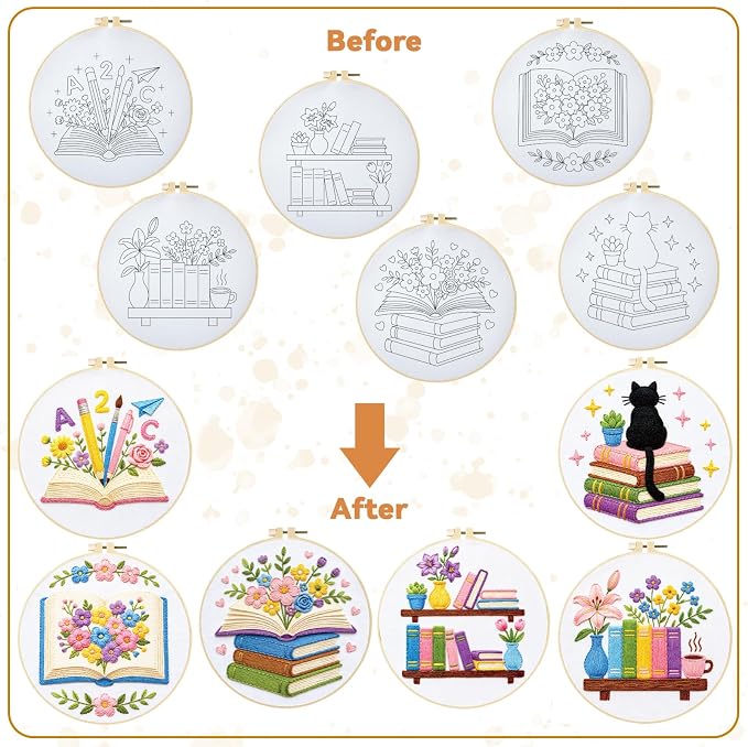 BEUNITONE 6 Set Embroidery Kit for Beginner Adults, Books & Flowers Cross Stitch Set with Stamped Pattern Hoops Threads Cloth Needles, Embroidery Starter Kit for Gifting and Home Decoration