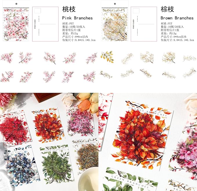 120 Pieces Botanical Colorful Branches PET Stickers, 6 Pack Aesthetic Background Decorative Stickers for Scrapbooking, Journaling, Creative Journal Supplies, and DIY Crafts