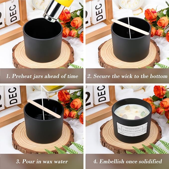CONNOO 8 Pack 12 OZ Black Glass Wide Mouth Candle Jars
