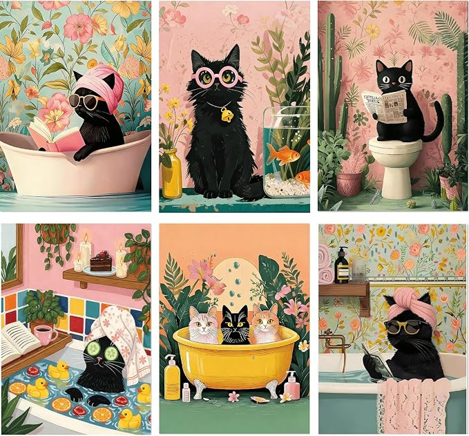 Amaieuin 6 Pack Diamond Painting for Adults,Black Cat Diamond Art Painting for Adults,Cat 5D Diamond Painting for Home Decor and Gifts 10x20in
