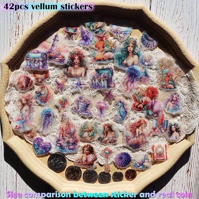 CATaireen Vintage Junk Journal Ephemera Scrapbooking Supplies Translucent Vellum Paper Stickers Card Making Decal Art Aesthetic for Adults (Character Mermaid)