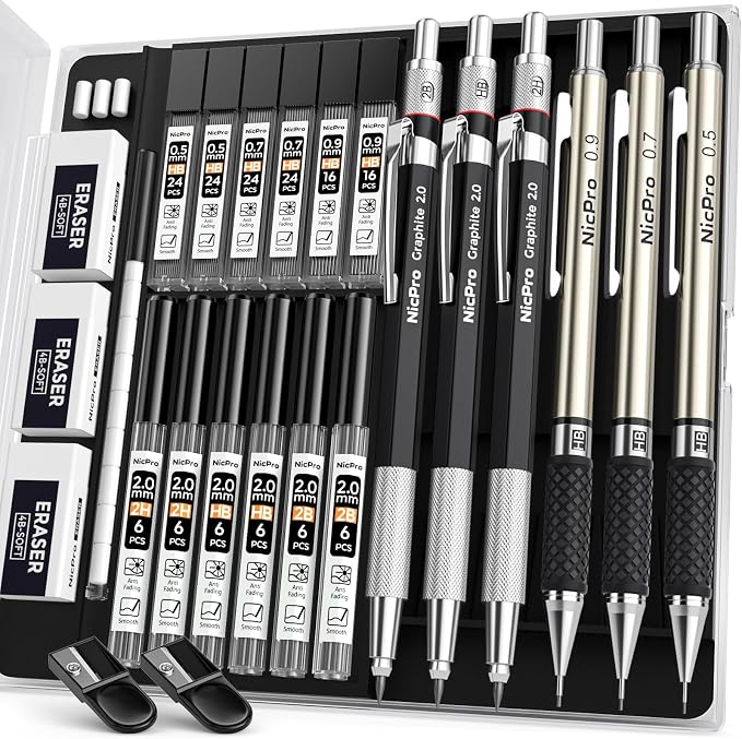 Nicpro 6PCS Art Mechanical Pencil Set | 3PCS Metal Drafting Pencil 0.5 mm & 0.7 mm & 0.9 mm & 3PCS 2mm Graphite Lead Holder (2B HB 2H) For Writing, Sketching Drawing