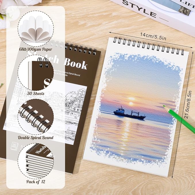 12 Pack Sketch Books 5.5 × 8.5 in, Top Spiral, 100gsm Drawing Paper | Acid-Free Paper, 30 Sheets Each, Sturdy Backing, Portable Size, for Drawing, Sketching & Class Use