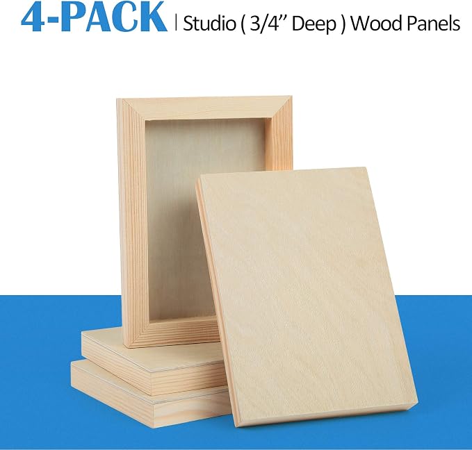 Falling in Art 4 Pack 5x7’’ Unfinished Birch Wood Panels Kit for Painting | Studio 3/4’’ Deep Wooden Canvas, Cradle Boards for Acrylic Pouring, Art, Crafts, Epoxy Resin, Laser Engraving Cutting