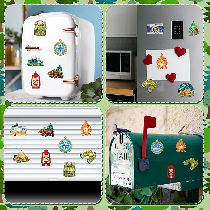 Zonon 12 Pcs Camping Diamond Art Magnets Kits for Fridge DIY Stickers | Outdoor Theme Designs, Diamond Magnetic Backing for Refrigerator and Camper Decor,Easy Craft for Adults,