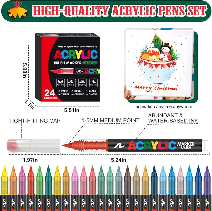 Amamao 24 Colors Soft Brush Tip Acrylic Paint Markers for Wood Rock Canvas