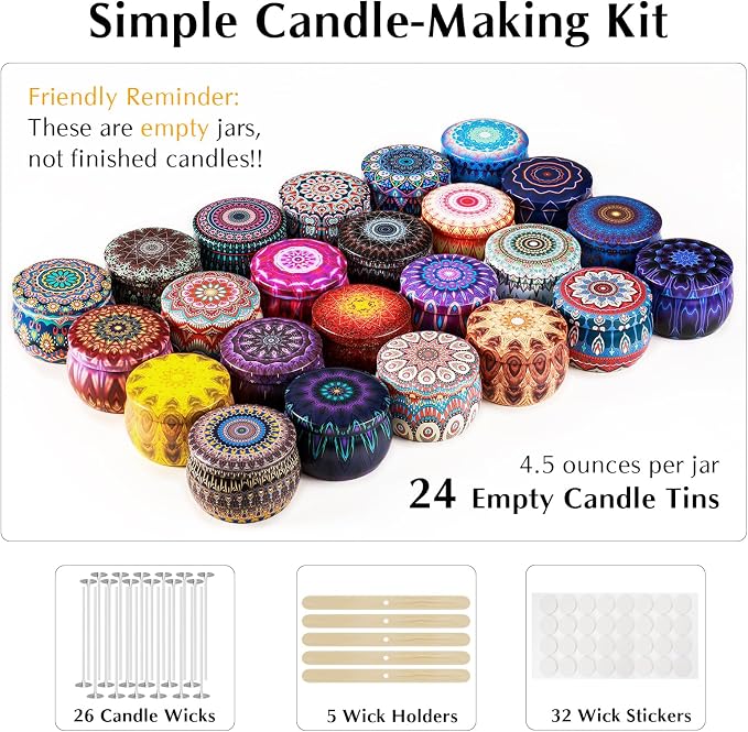 Domivirgo 24 Empty Candle Tins 4.5 oz with Lids - Simple Candle-Making Kit, Includes Wicks, Holders & Stickers, Multi-Purpose Storage Containers for Crafts & Small Items