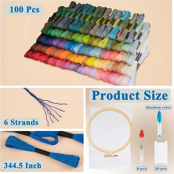 Amrules Friendship Bracelet String, 100 Pcs Embroidery Floss, Colorful | Including 344.5" Cotton Cross Stitch Thread, Hand Embroidery Thread for DIY Sewing and Embroidery Crafts Making with Tools