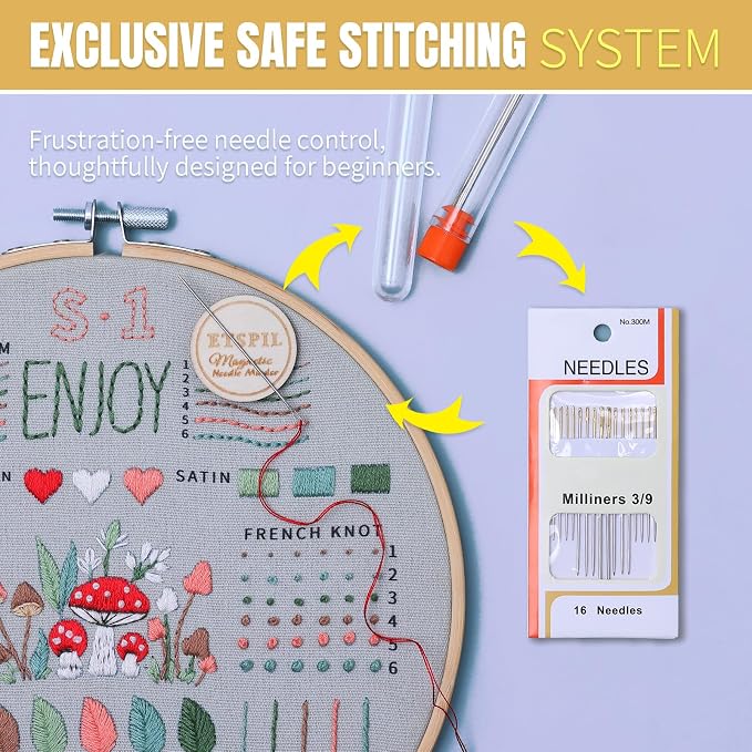 ETSPIL Embroidery Kit for Beginners, 4K Step-by-Step Video, Adults, Gift | 33 Stitches, No-Wash Pre-Printed Pattern, Magnetic Needle Minder, Bound Guide & Storage Tube - Calming Craft for Women