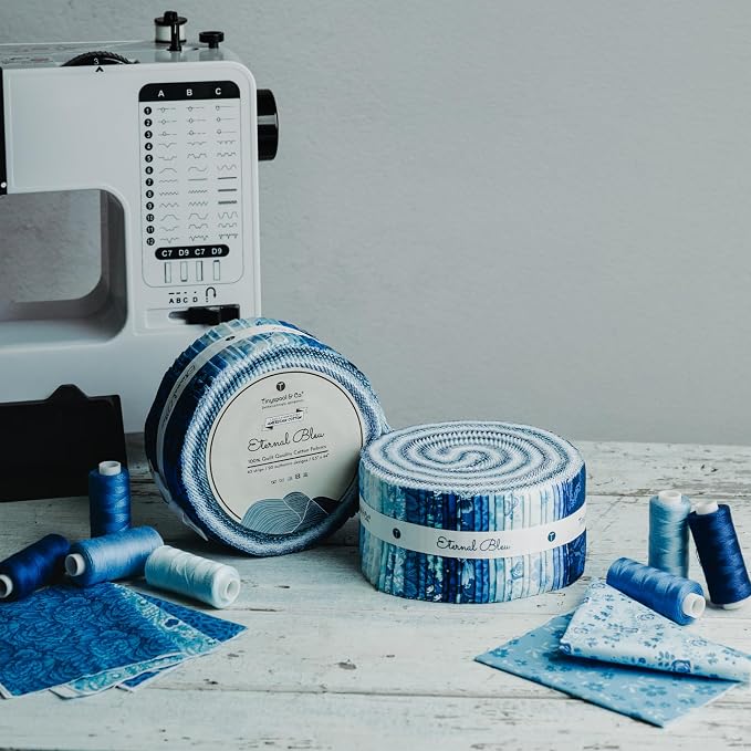 Tinyspool & Co.'s Twirlie Roll 40 Precut Quilting Fabric Strips for Quilting Supplies, Crafting, and Sewing, Soft Cotton Strip for Blanket, Rug, Upholstery, Home Decor, and Purse Making, Eternal Bleu