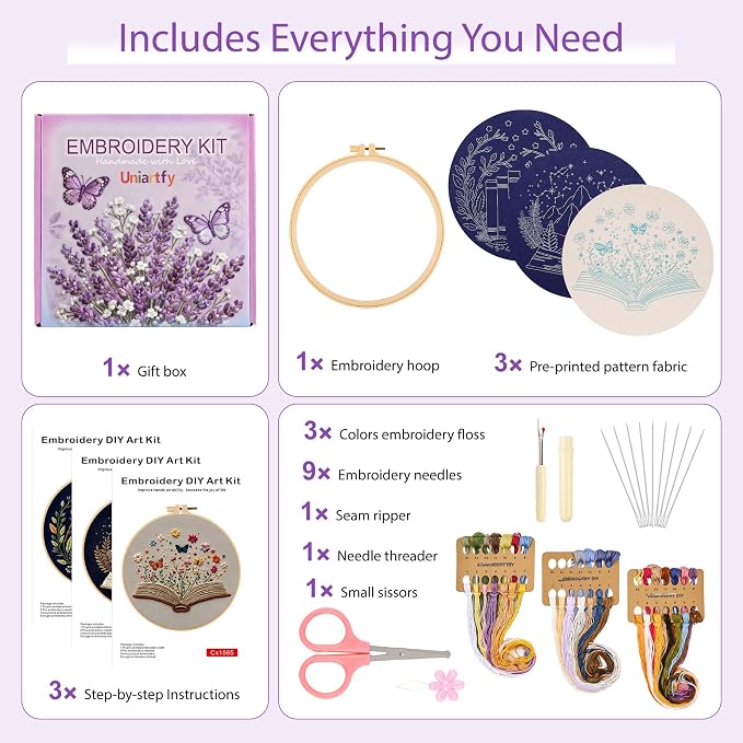 Uniartfy 3 Pack Embroidery Starter Kit, Stamped Book Flower Mountain Butterfly Cross Stitch Kits for Beginners, Needlepoint Kits Adults with Embroidery Hoop and Instructions, Hand Embroidery Kit