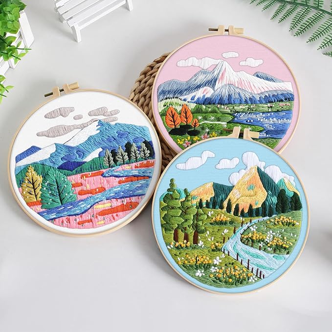 ERKOON 3 Sets Embroidery Kit, Floral Cross Stitch Set for Include Embroidery Cloth Hoops Threads for Craft Lover Hand Stitch (Landscapes)