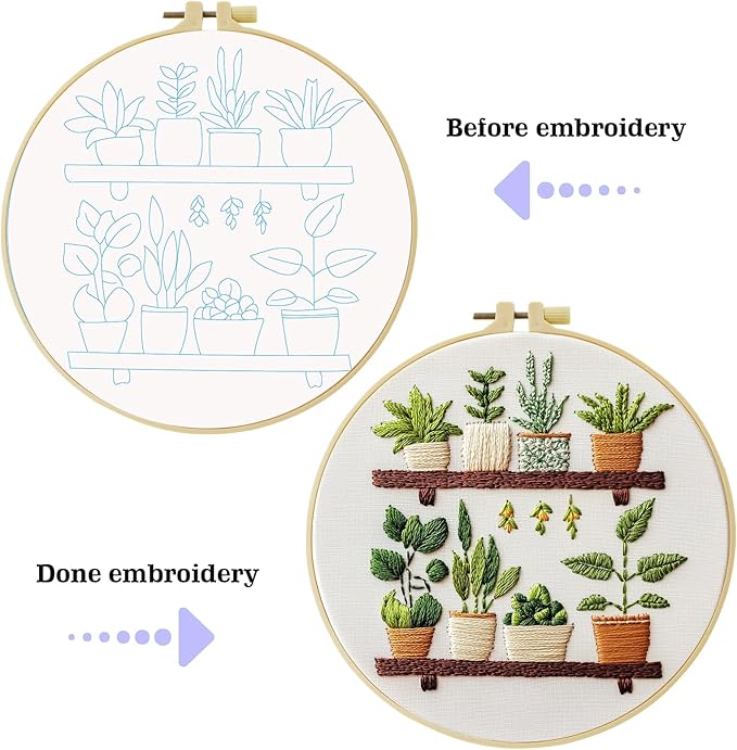 JOZYSH Full Range Embroidery Kit for Adult, Green Plant Pattern Embroidery Kit for Beginners Include Embroidery Cloth Hoops Threads for Craft Lover Hand Stitch with Embroidery Skill Techniques
